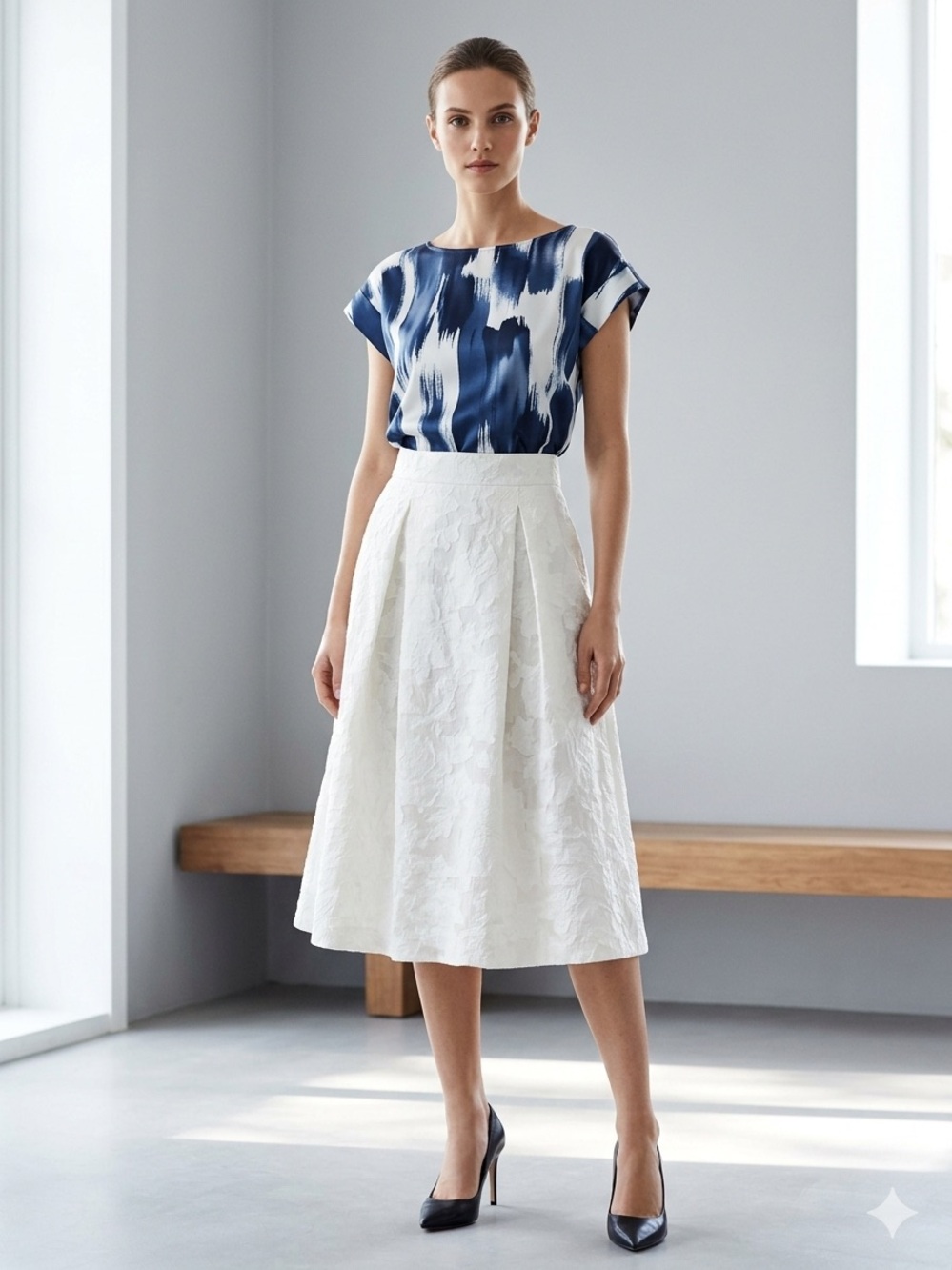 H&M Modern Classic Blue Abstract Brushstroke Blouse Size 4 EUC